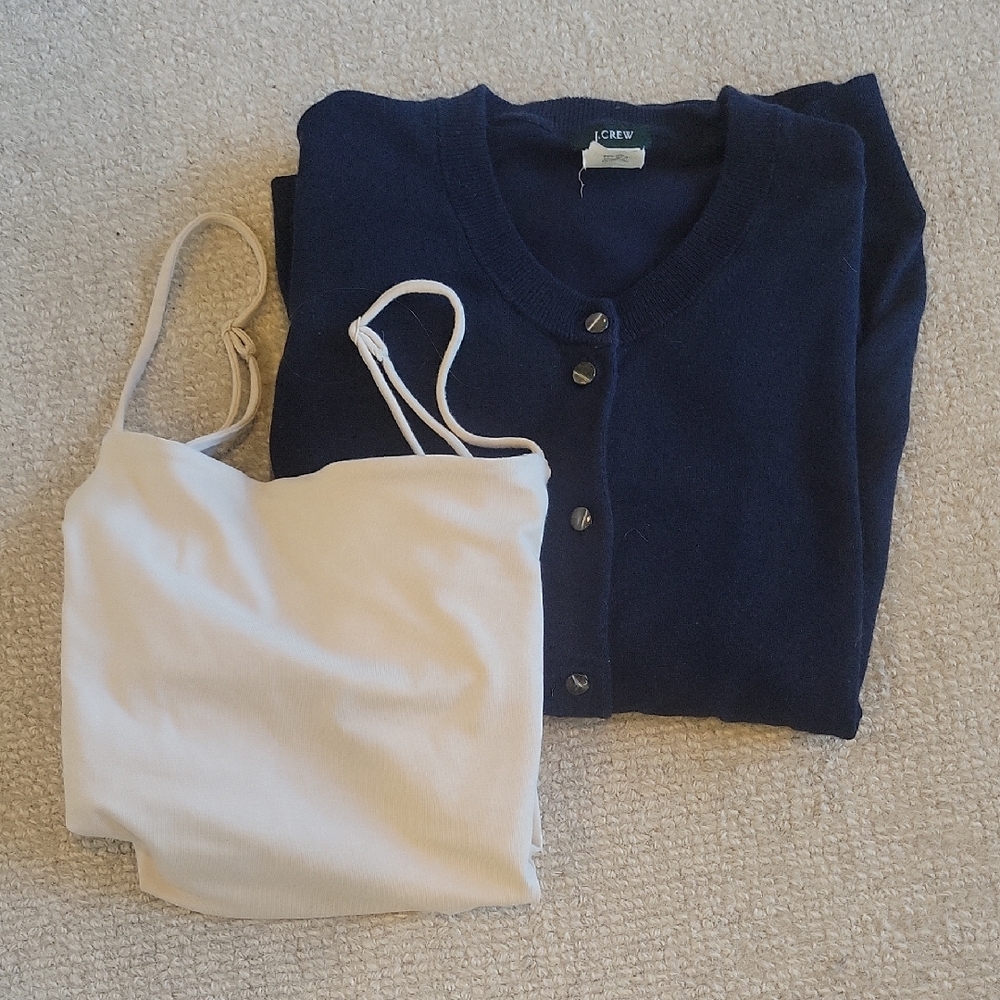 J. Crew Navy Cardigan and Banana Republic Light Beige Cami Combo